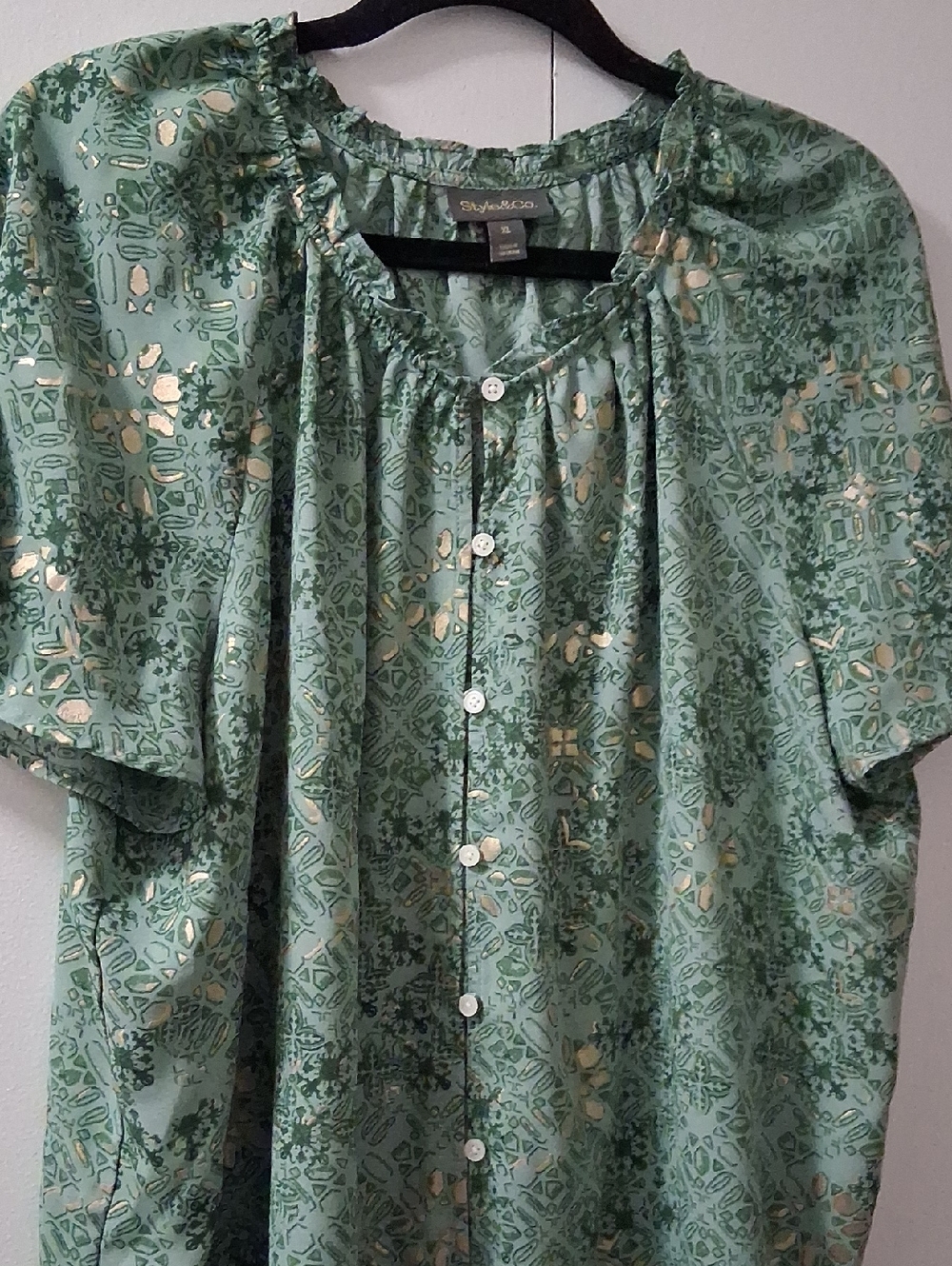 Style & Co Green Patterned Button-Front Blouse XL